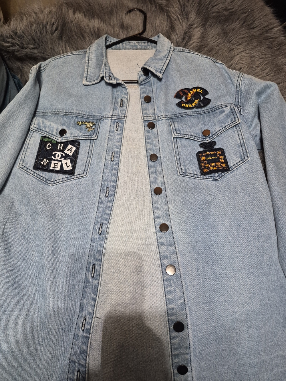Light Blue Denim Shacket with Embroidered Patches